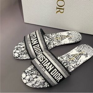 Dior Black and White Christian Dior Logo Slide Sandals